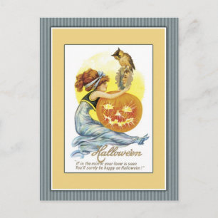 Carte Postale Fille avec miroir, citrouille et hibou