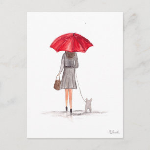 Carte Postale Fille avec parapluie rouge feminine girly aquarell