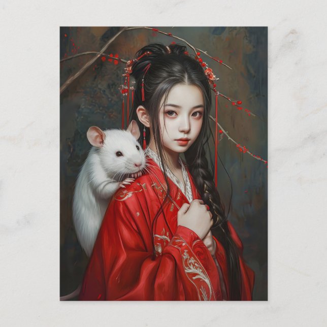 Carte Postale Fille avec Rat Chinese Zodiac Art (Devant)