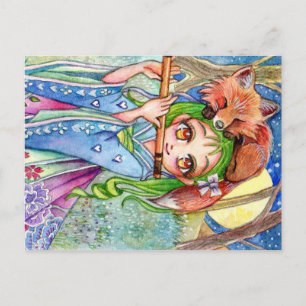 Carte Postale Fille avec Renard dormant