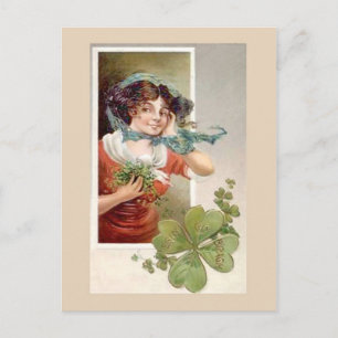 Carte Postale Fille avec Shemrock   Illustration vintage unique