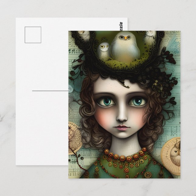 Carte Postale Fille avec un nid d'oiseaux sur sa tête (Devant / Derrière)