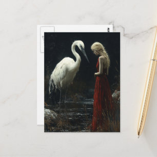 Carte Postale Fille avec un oiseau blanc géant