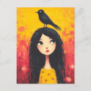 Carte Postale Fille avec un oiseau sur sa tête