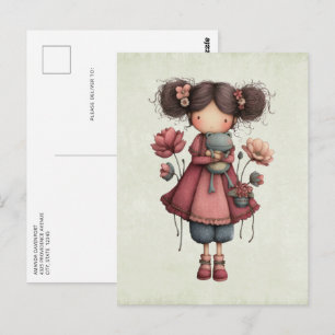 Carte Postale Fille avec une poupée grenouille mignonne et fanta