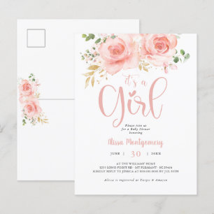 Carte postale fille Baby shower rose et or