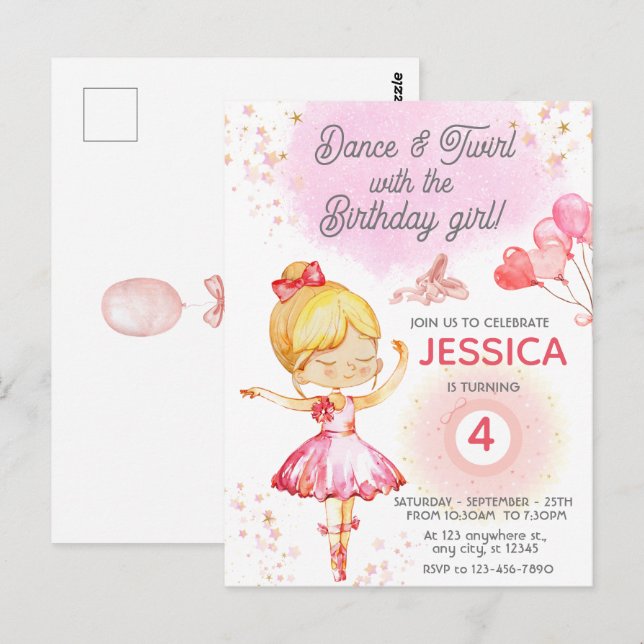 Carte Postale Fille ballerine blonde anniversaire ballet  (Devant / Derrière)
