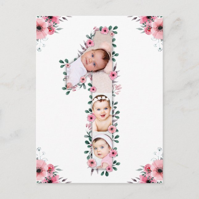 Carte Postale Fille Big 1er Anniversaire Photo Collage Fleur ros (Devant)