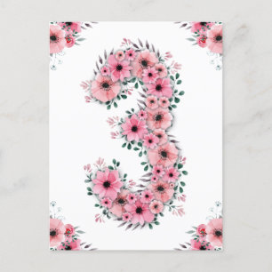 Carte Postale Fille Big 3e anniversaire Fleurs roses Lieux verts