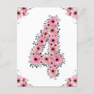 Carte Postale Fille Big 4e anniversaire Fleurs roses Lieux verts