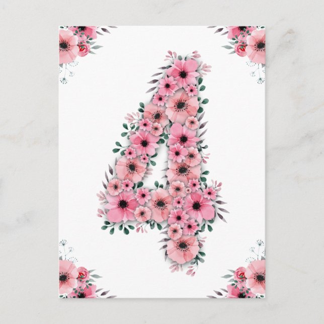 Carte Postale Fille Big 4e anniversaire Fleurs roses Lieux verts (Devant)