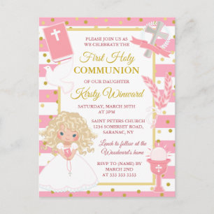 Carte Postale Fille blonde à rayure rose Première Communion