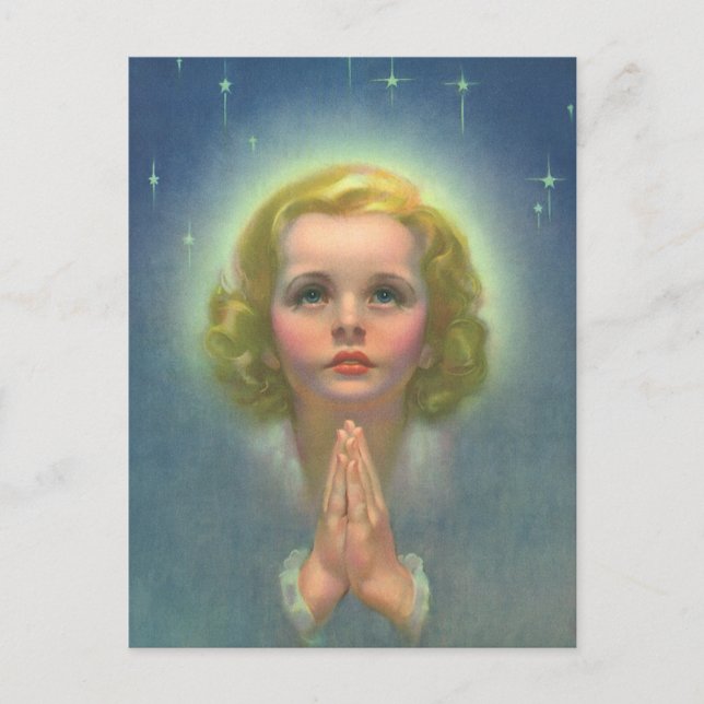 Carte Postale Fille blonde angélique avec halo et étoiles priant (Devant)