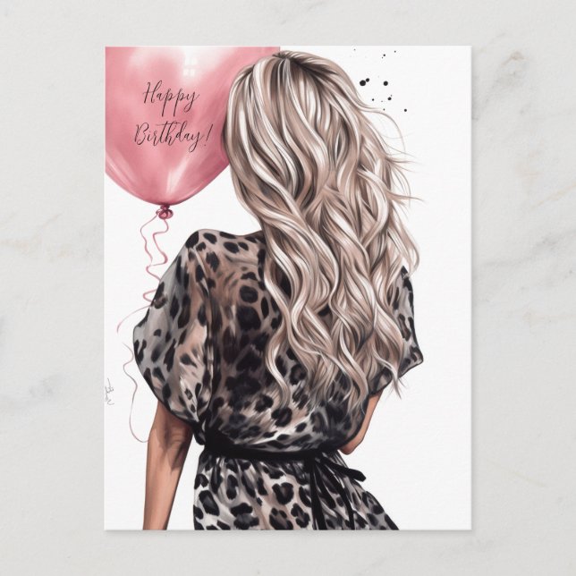 Carte Postale Fille blonde dos ballon rose robe léopard (Devant)