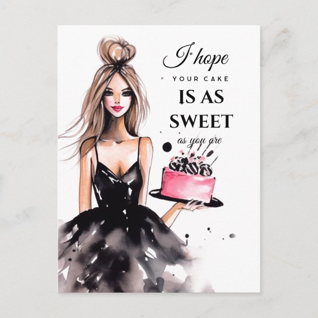 Carte Postale Fille blonde robe noire gâteau d'anniversaire aqua (Devant)