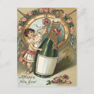 Carte Postale Fille Bouteille de Champagne Rose Horloge