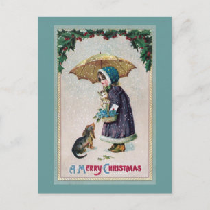 Carte Postale Fille, chat et chien sous parapluie en Vintage de 
