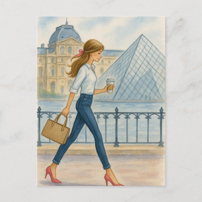 Carte Postale Fille Chic de Paris par Le Louvre (Devant)