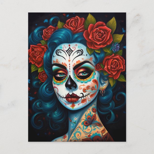 Carte Postale Fille Crâne de Sucre Jour des Morts (Devant)