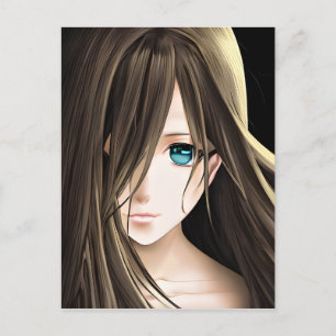 Carte Postale Fille d'anime aux cheveux bruns et aux yeux bleus