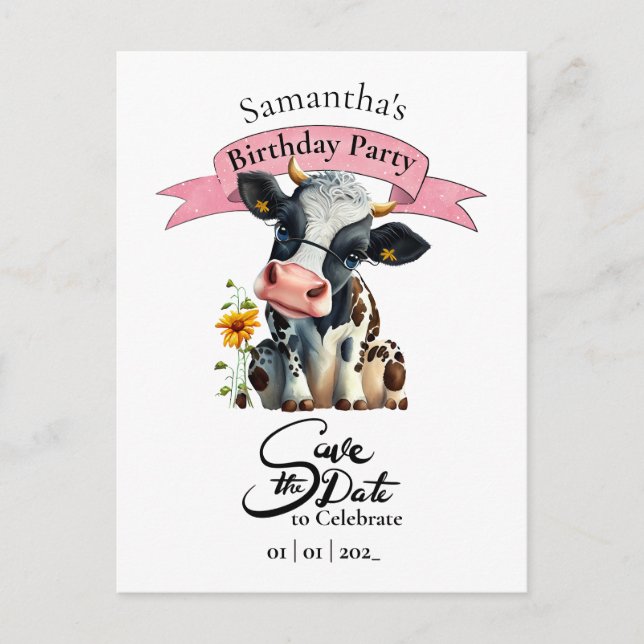 Carte Postale Fille d'anniversaire vache  (Devant)