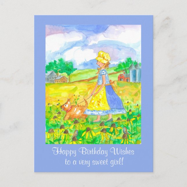 Carte Postale Fille De Ferme Des Prairies Marchant Un Chien Joye (Devant)