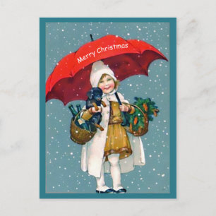 Carte Postale Fille de Noël, Chiot de Dachshund, Parapluie Rouge