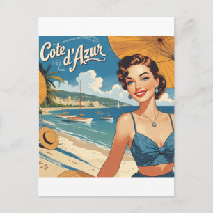 Carte Postale Fille de plage de style vintage Cote D'Azur