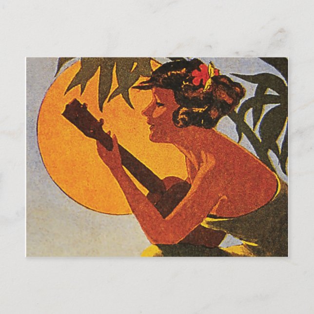 Carte Postale Fille d'Hawaï jouant l'ukulélé sur le coucher du (Devant)