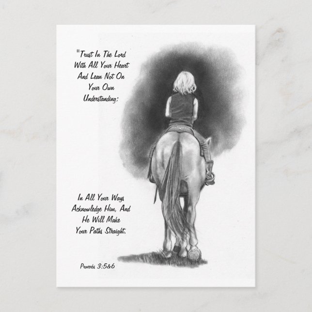 Carte Postale Fille En Cheval, Crayon Art : Verset Bible : Prove (Devant)