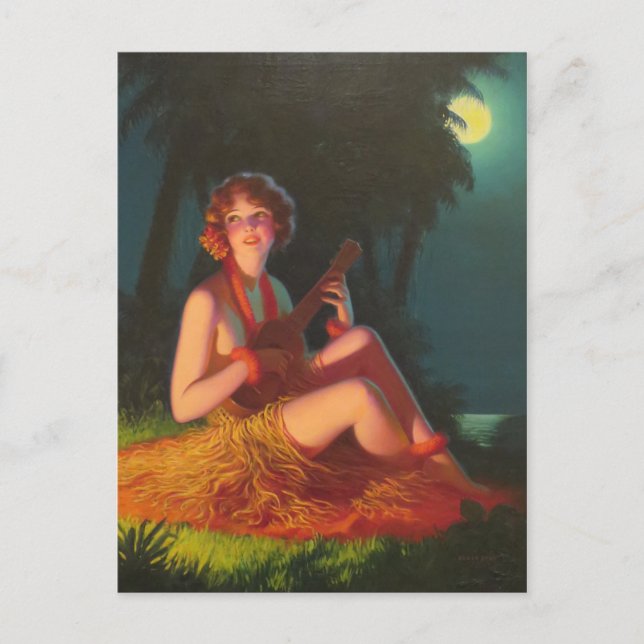 Carte Postale Fille en clair de lune avec Banjo Ukulele (Devant)