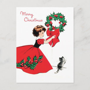 Carte Postale Fille en robe rouge avec une couronne de Noël et u