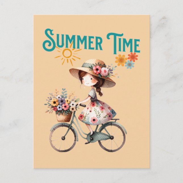 Carte Postale Fille en vélo avec fleurs été (Devant)