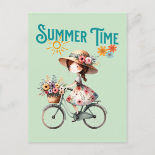 Carte Postale Fille en vélo avec fleurs été