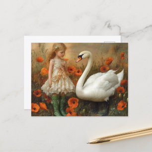 Carte Postale Fille et cygne dans les pavots