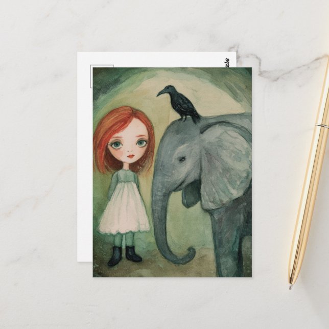 Carte Postale Fille et éléphant et oiseau (Devant/Arrière en situation)