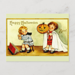 Carte Postale Fille et garçon Vintage Image Halloween Citrouille