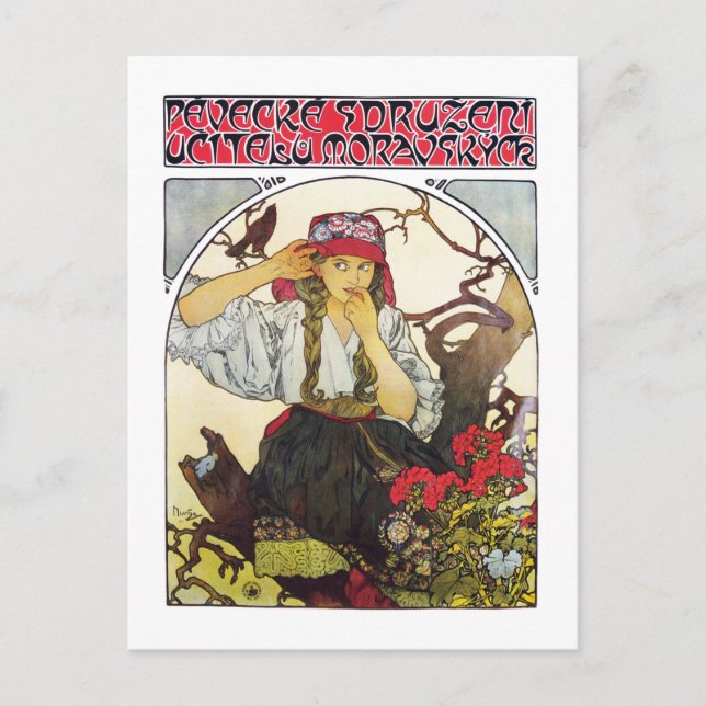 Carte Postale Fille et géranium, Mucha (Devant)