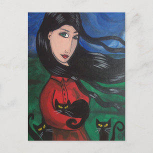 Carte Postale Fille et ses chats noirs