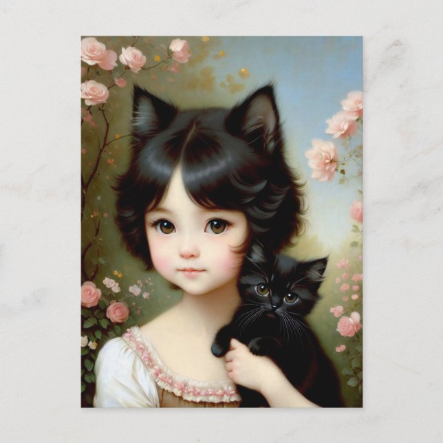 Carte Postale Fille Fantastique avec Chat Noir - Peinture Vintag (Devant)