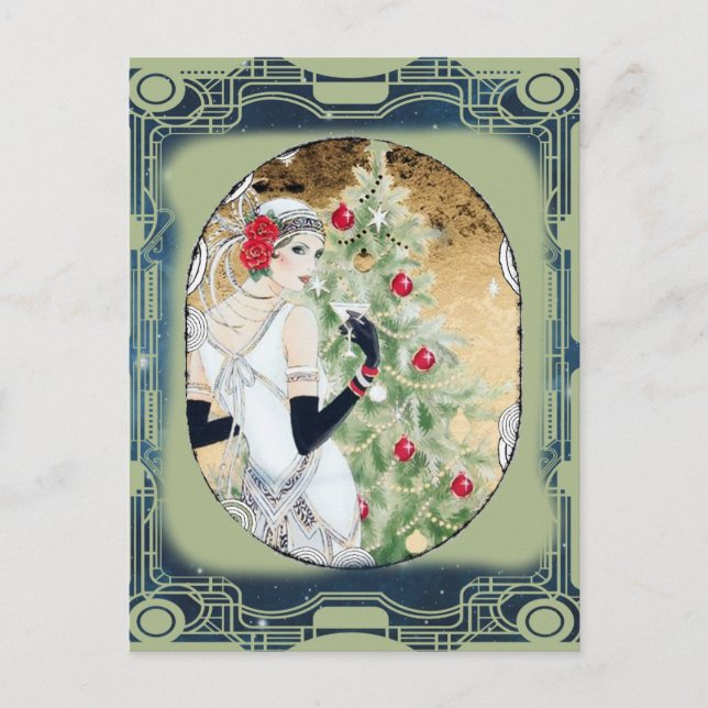 Carte Postale Fille flapper de Noël avec boisson et arbre (Devant)