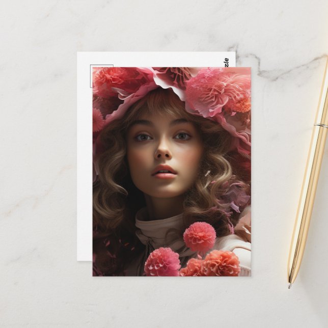 Carte Postale Fille Fleurs Roses (Devant/Arrière en situation)