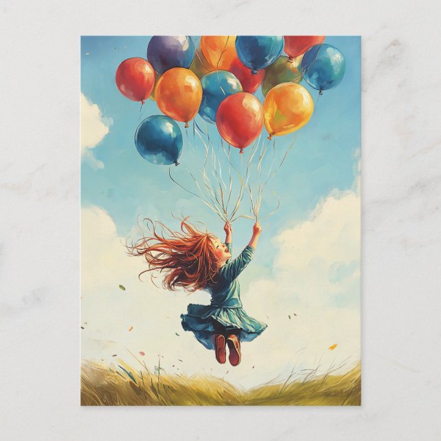 Carte Postale Fille flottante avec ballons (Devant)