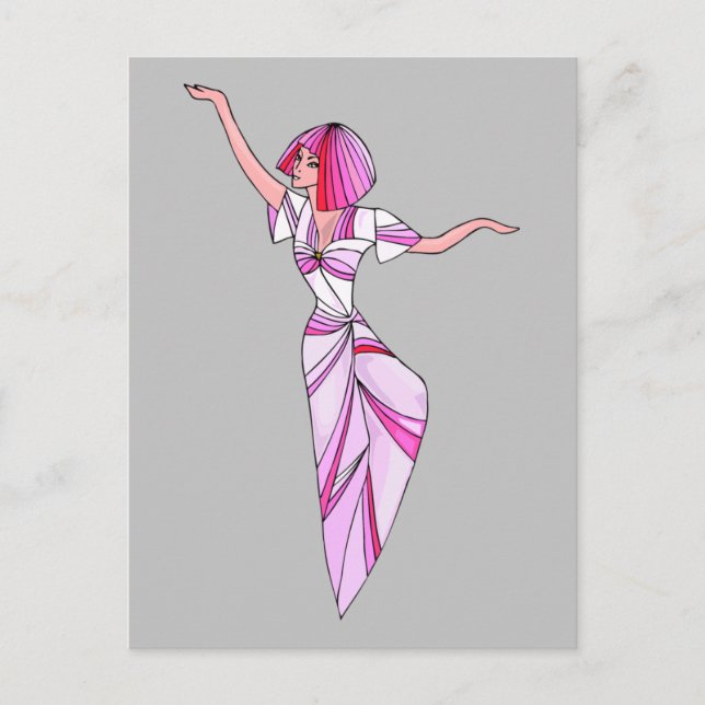 Carte Postale Fille funky danseuse rose avec cheveux roses (Devant)