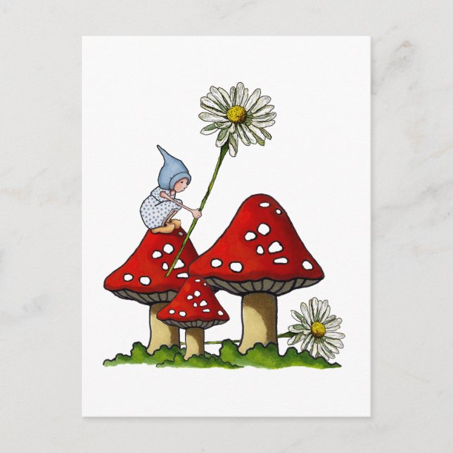 Carte Postale Fille Gnome, Tabouret, Marguerites, Art Fanstasy (Devant)