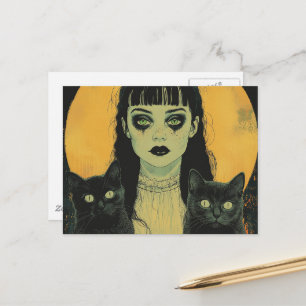 Carte Postale Fille gothique avec deux chats noirs