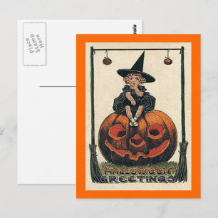 Carte Postale Fille Halloween Vintage sur Jack o'Lantern
