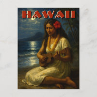Fille Hawaïenne Rétro & Ukulele à la Plage au Clai