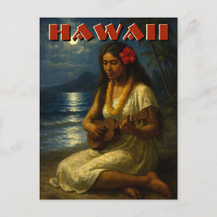 Carte Postale Fille Hawaïenne Rétro & Ukulele à la Plage au Clai