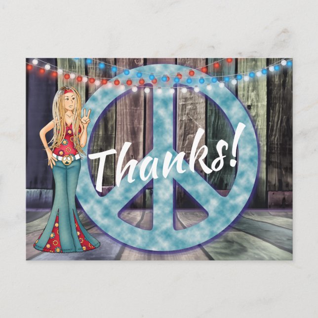 Carte Postale Fille Hippie et Merci Signe de Paix ! Merci (Devant)